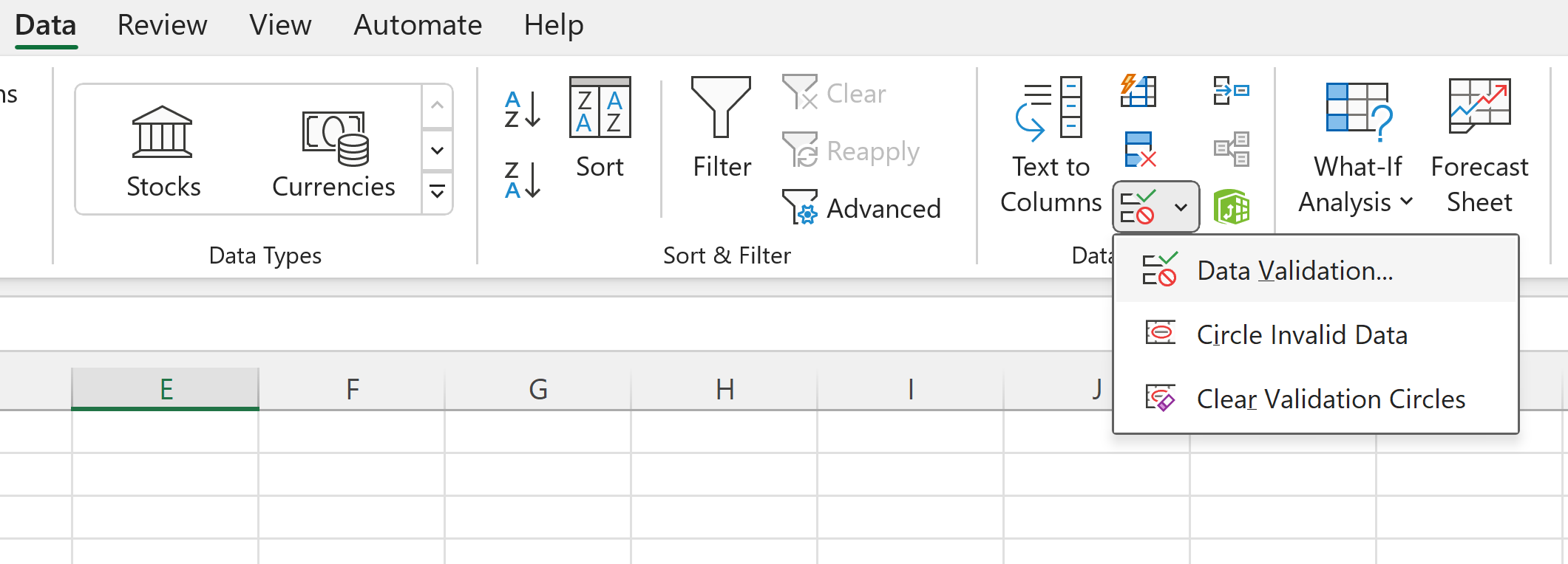 Data validation window in Excel
