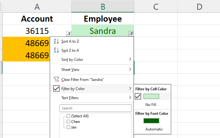 An example of how to filter by color so that Excel only displays duplicates
