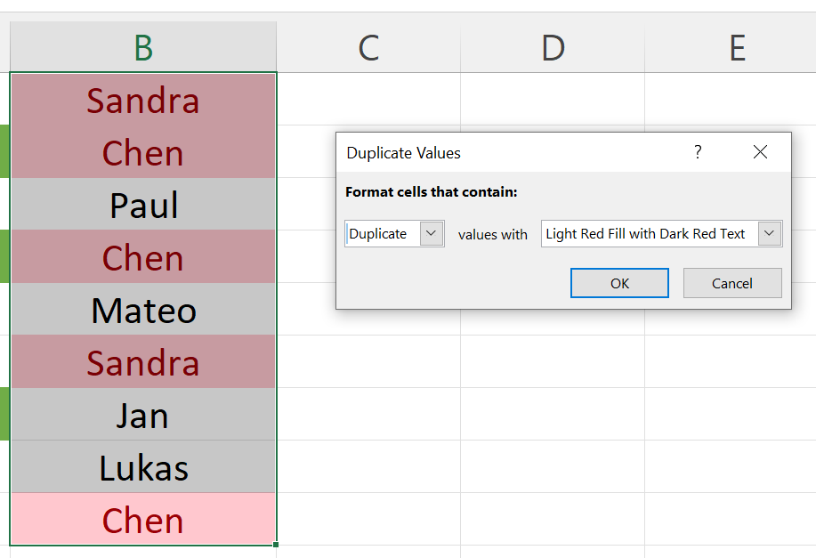 Formatting options for duplicate values