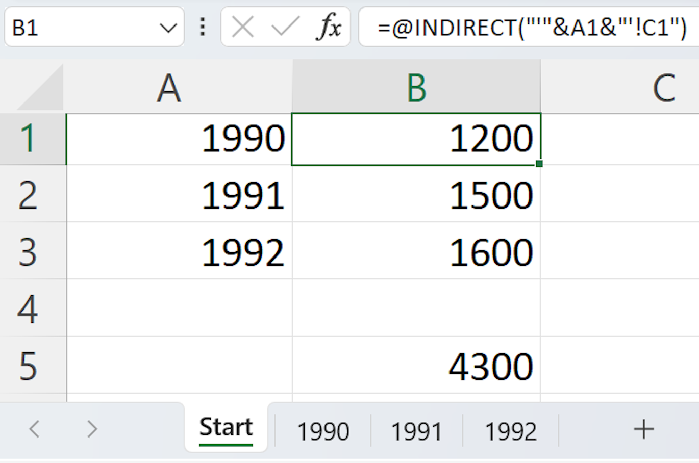 Screenshot of the INDIRECT Excel function that displays values from different sheets