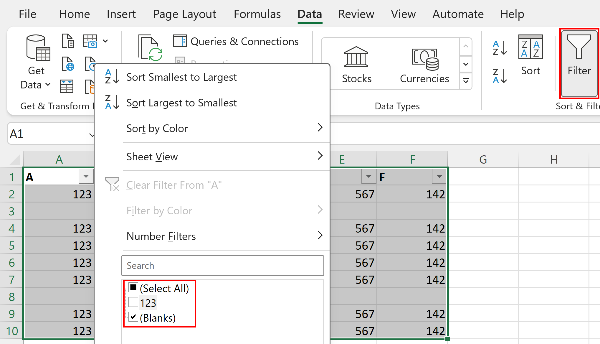 Drop-down menu for showing all blank rows in Excel