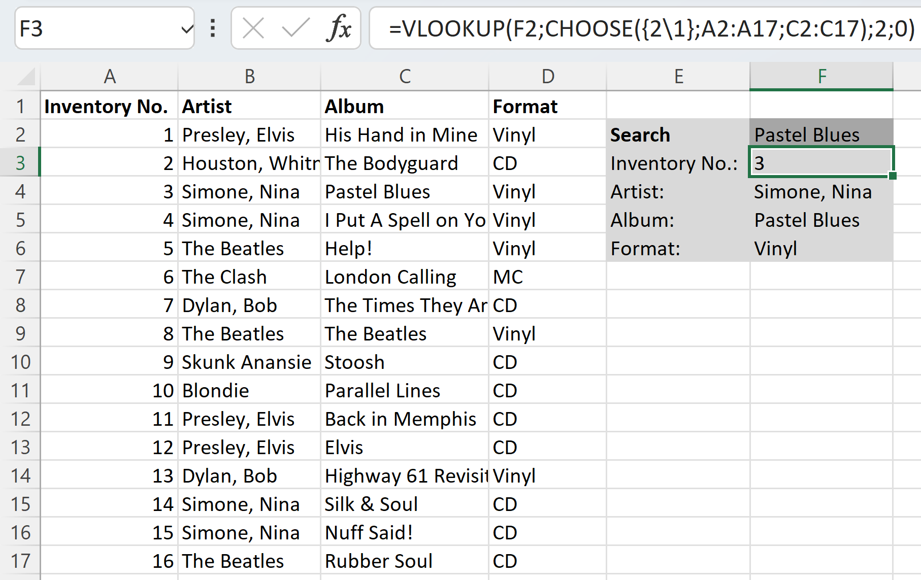 Customized VLOOKUP example using CHOOSE