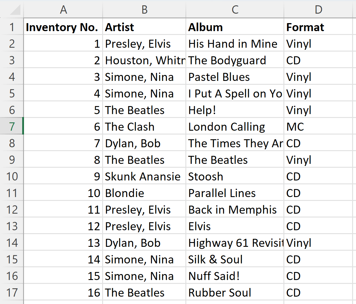 A multi-column data collection of different albums