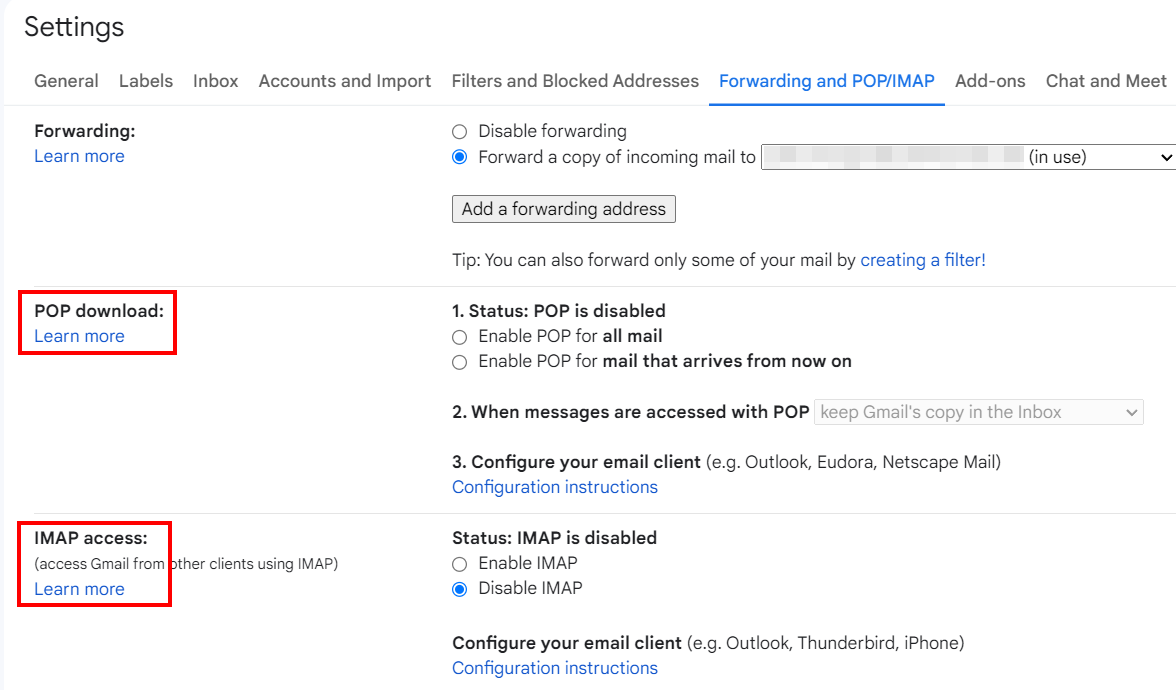 Gmail settings for POP/IMAP/SMTP Auth