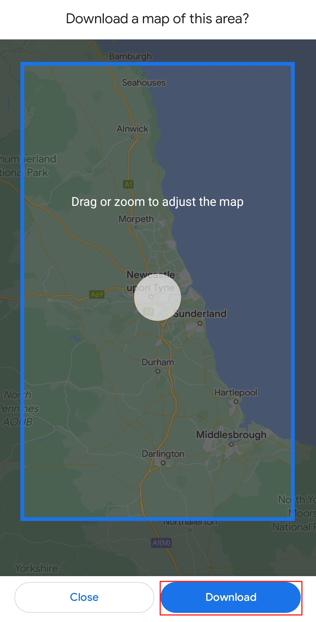 Screenshot of the offline map feature on Google Maps