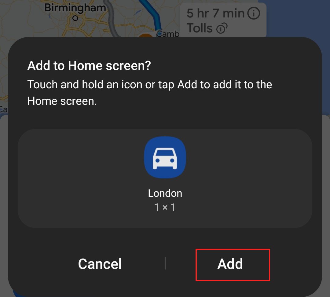 Screenshot of the “Add to Home screen” feature in Google Maps