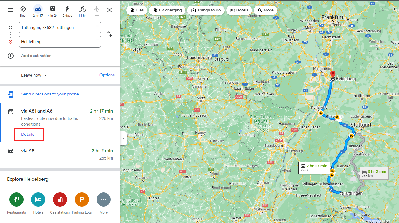 Screenshot of a route on Google Maps