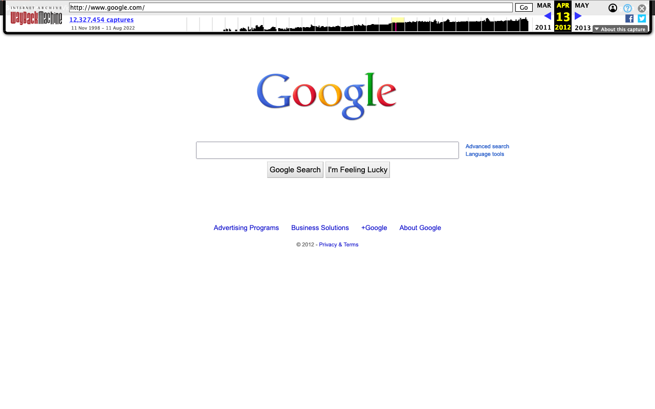 Archived version of the Google homepage from 2012 Archived version of the Google homepage from 2012