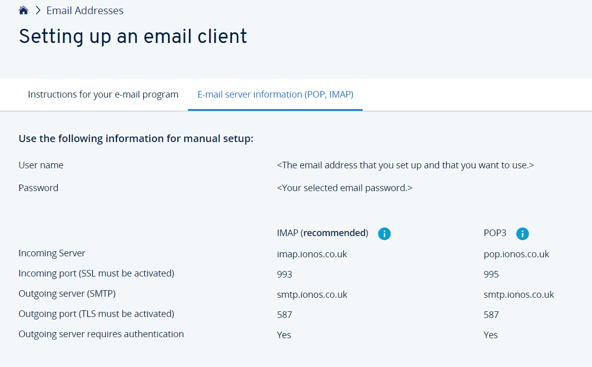 IONOS: Setting up an email client with SMTP Auth