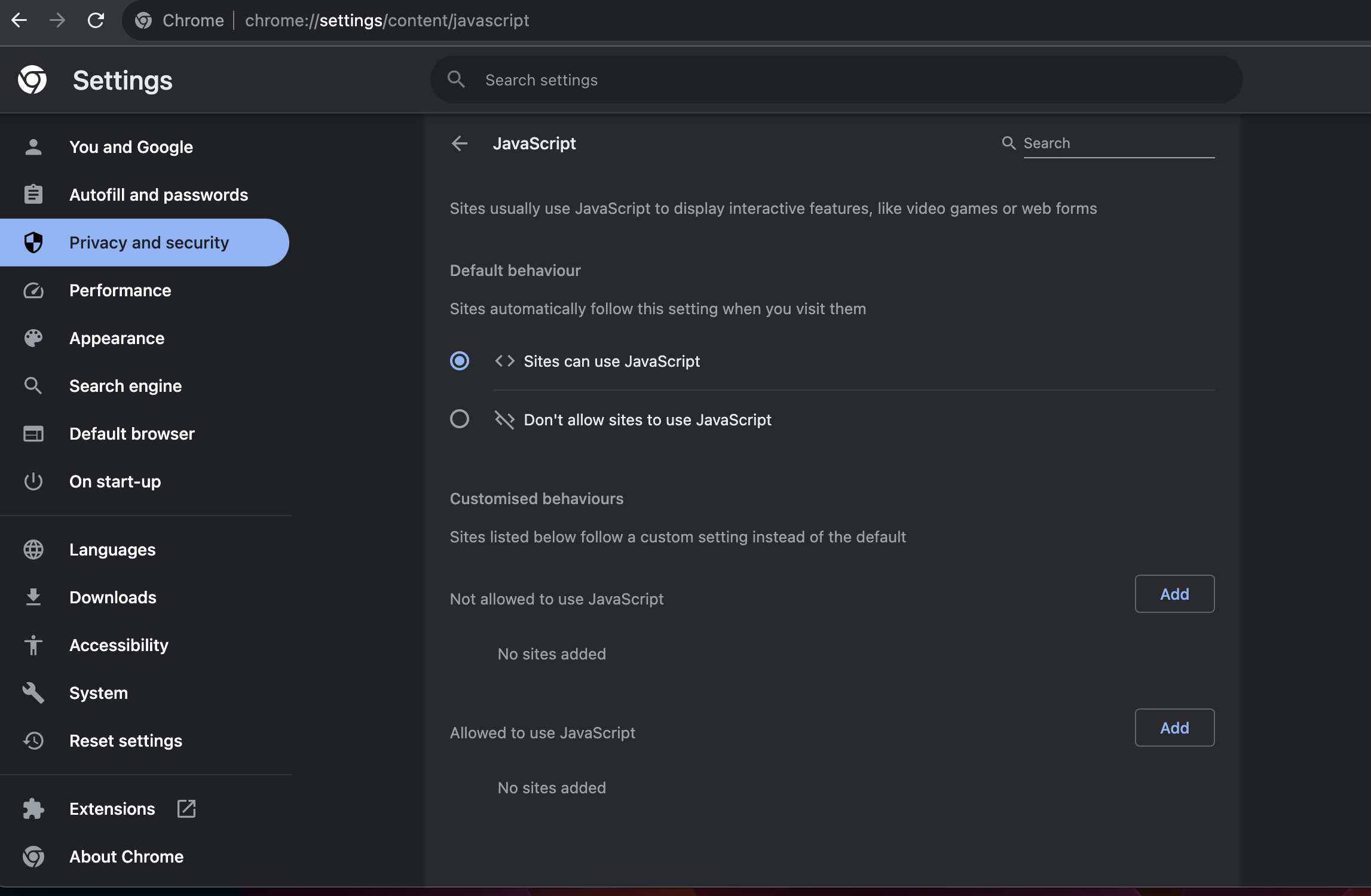 Screenshot of the privacy and security settings in Chrome