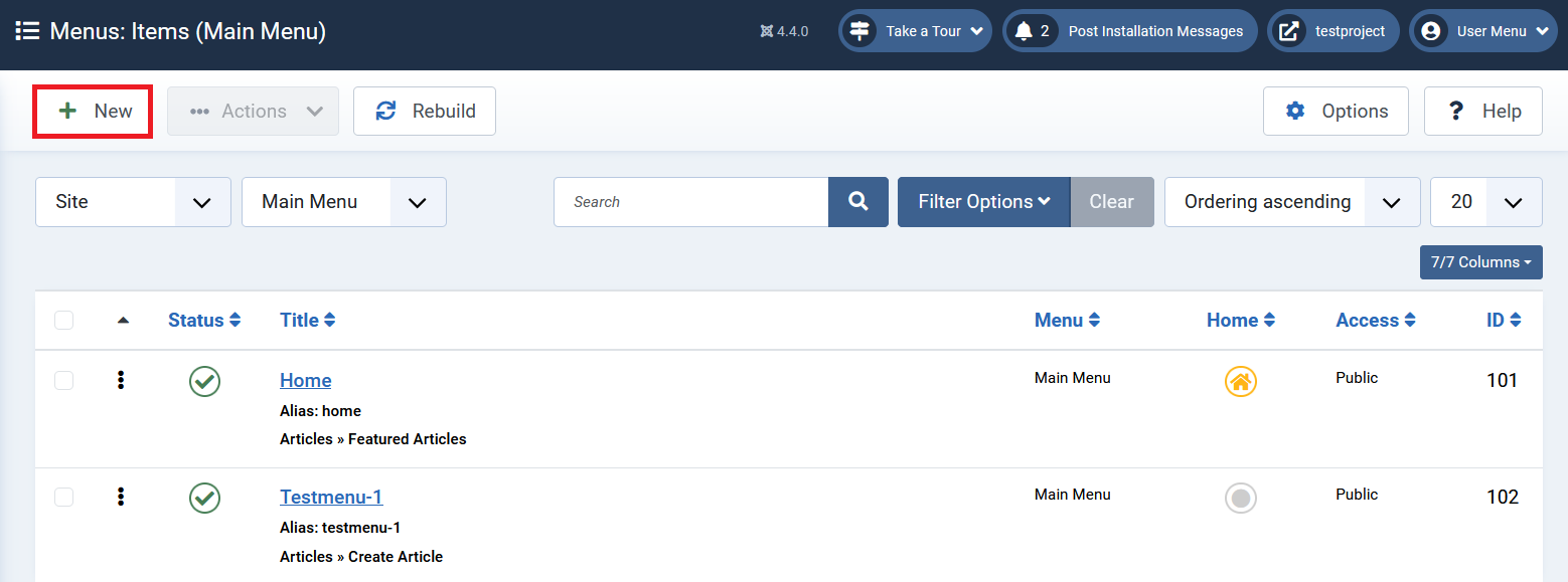 In the Joomla backend, you can create menu items in just a few clicks.