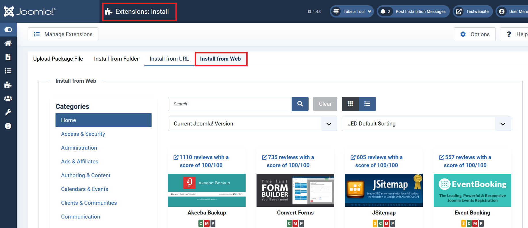 Joomla backend: Extensions available via the web