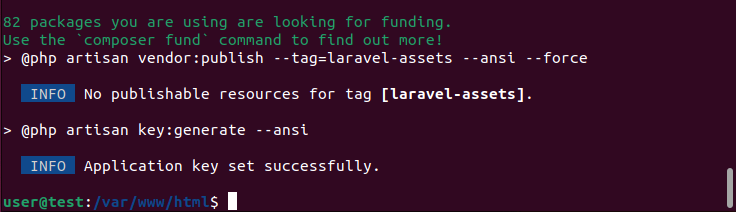 Ubuntu terminal: PHP framework Laravel successfully installed