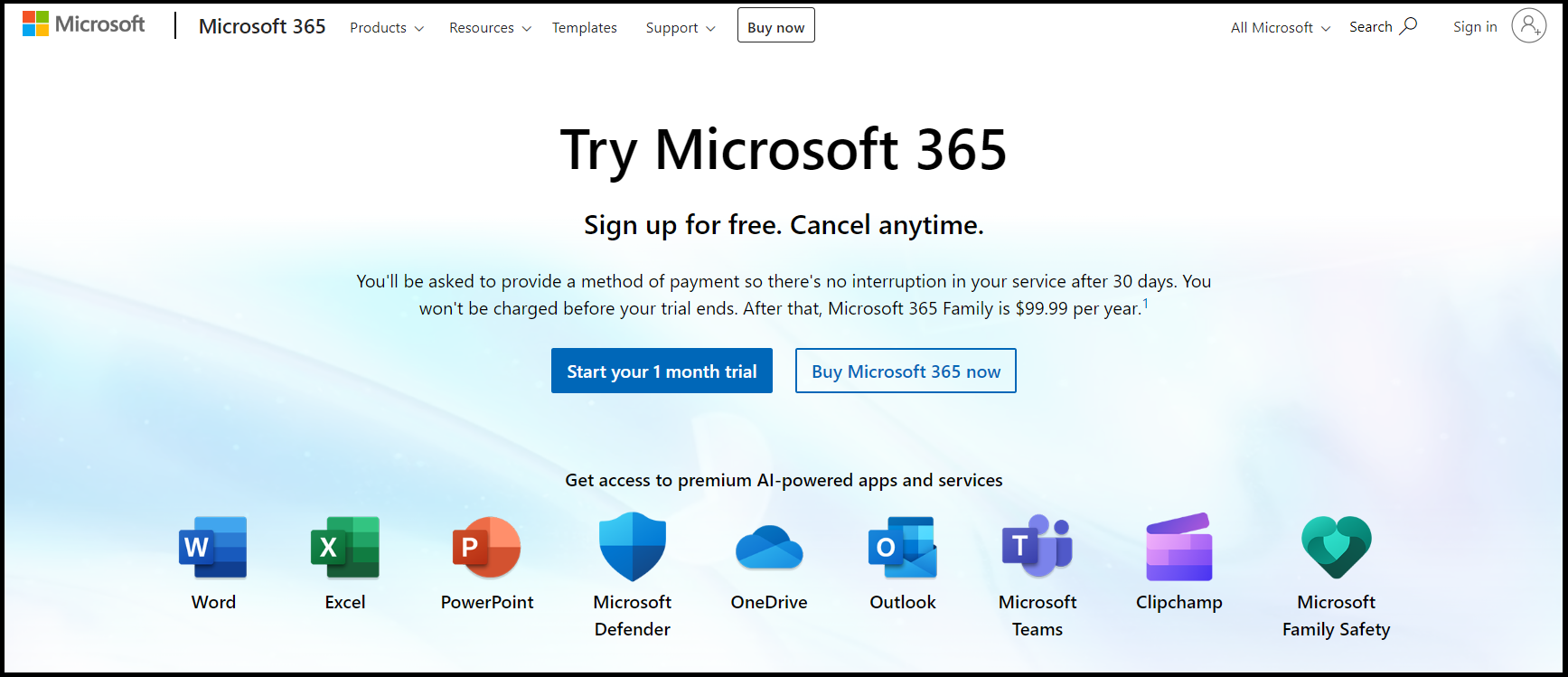 The Microsoft landing page with a free one-month trial for Microsoft 365