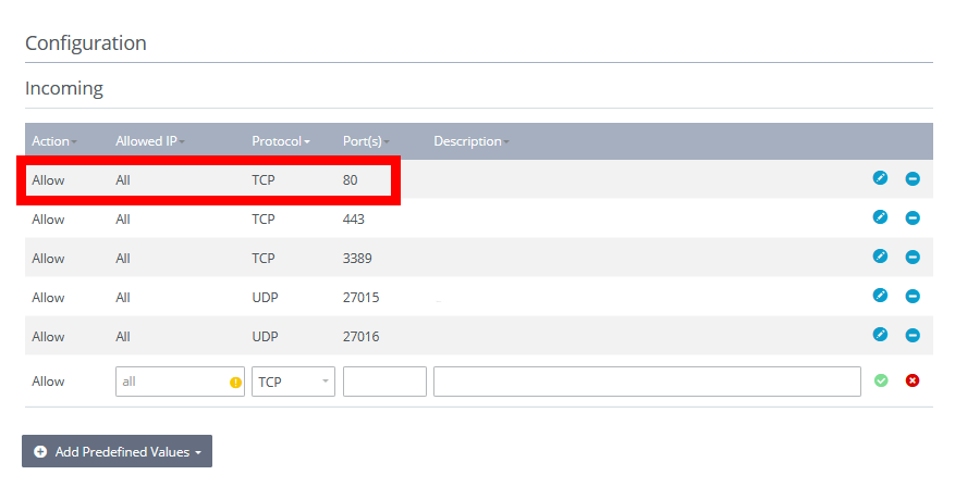 IONOS Cloud Panel: Firewall settings with Port 80 shared