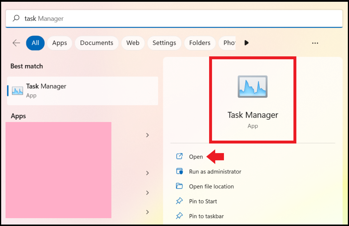The Task Manager app in the Windows search bar results