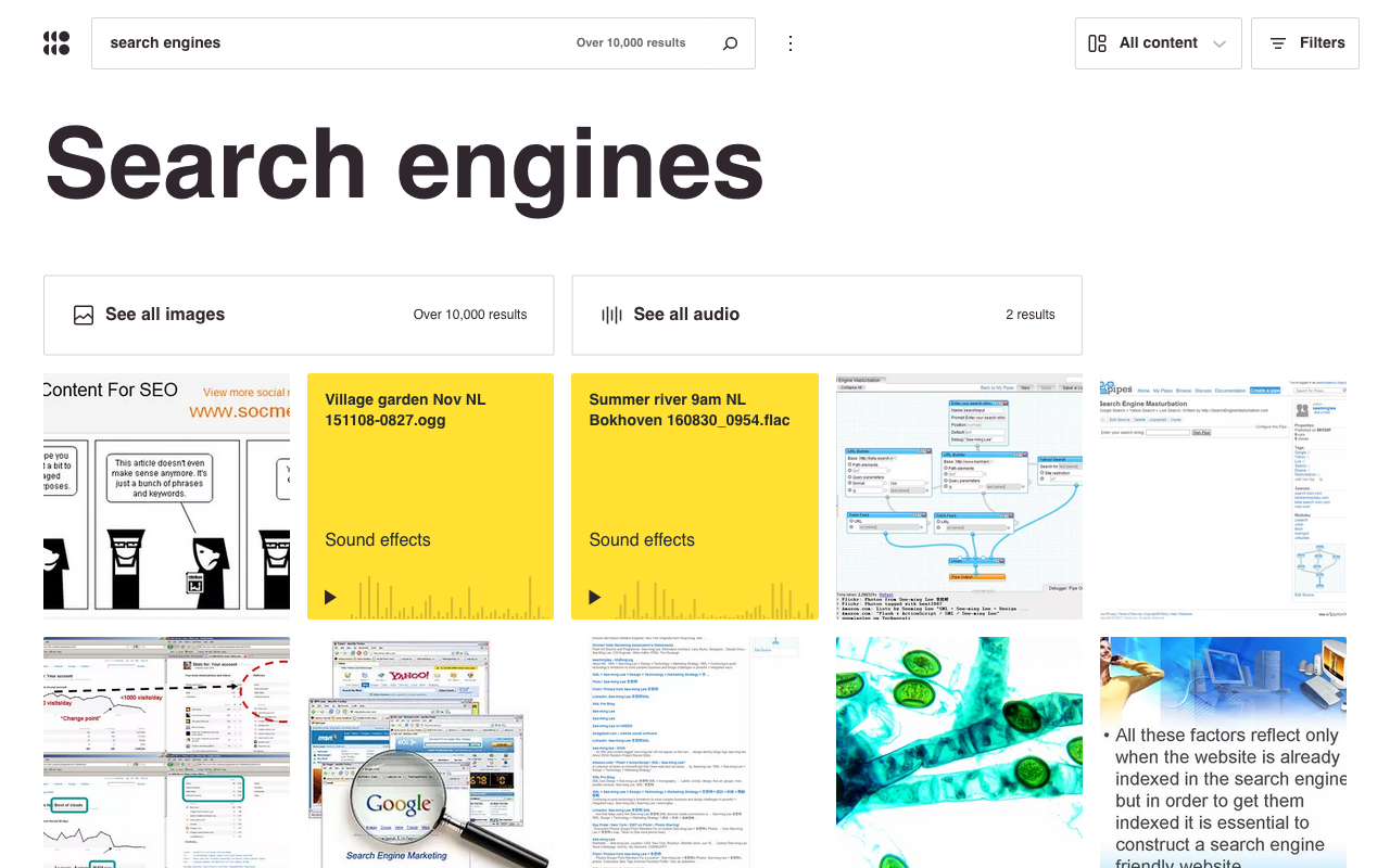 Openverse search results for the term “search engine” Openverse search results for the term “search engine”