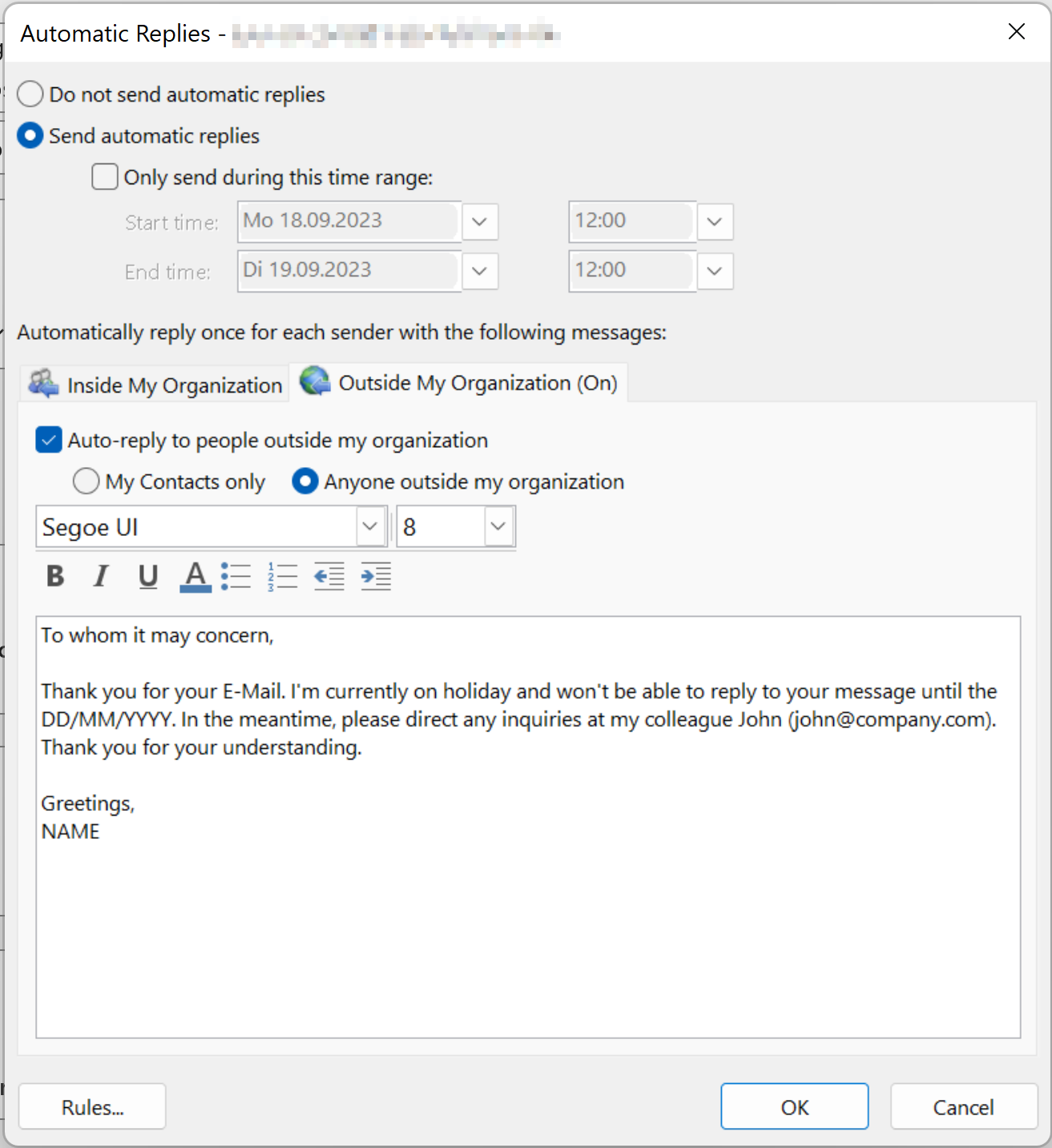 Out of office set up window with the option to designate an automatic reply period