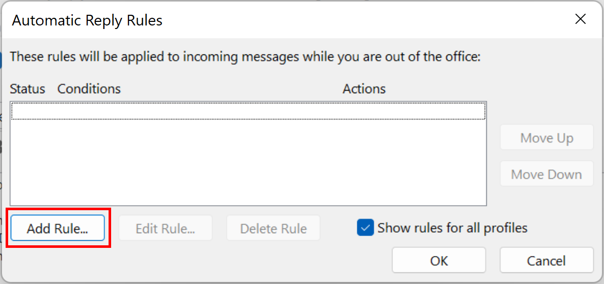Window to set up rules for automatic replies in Outlook