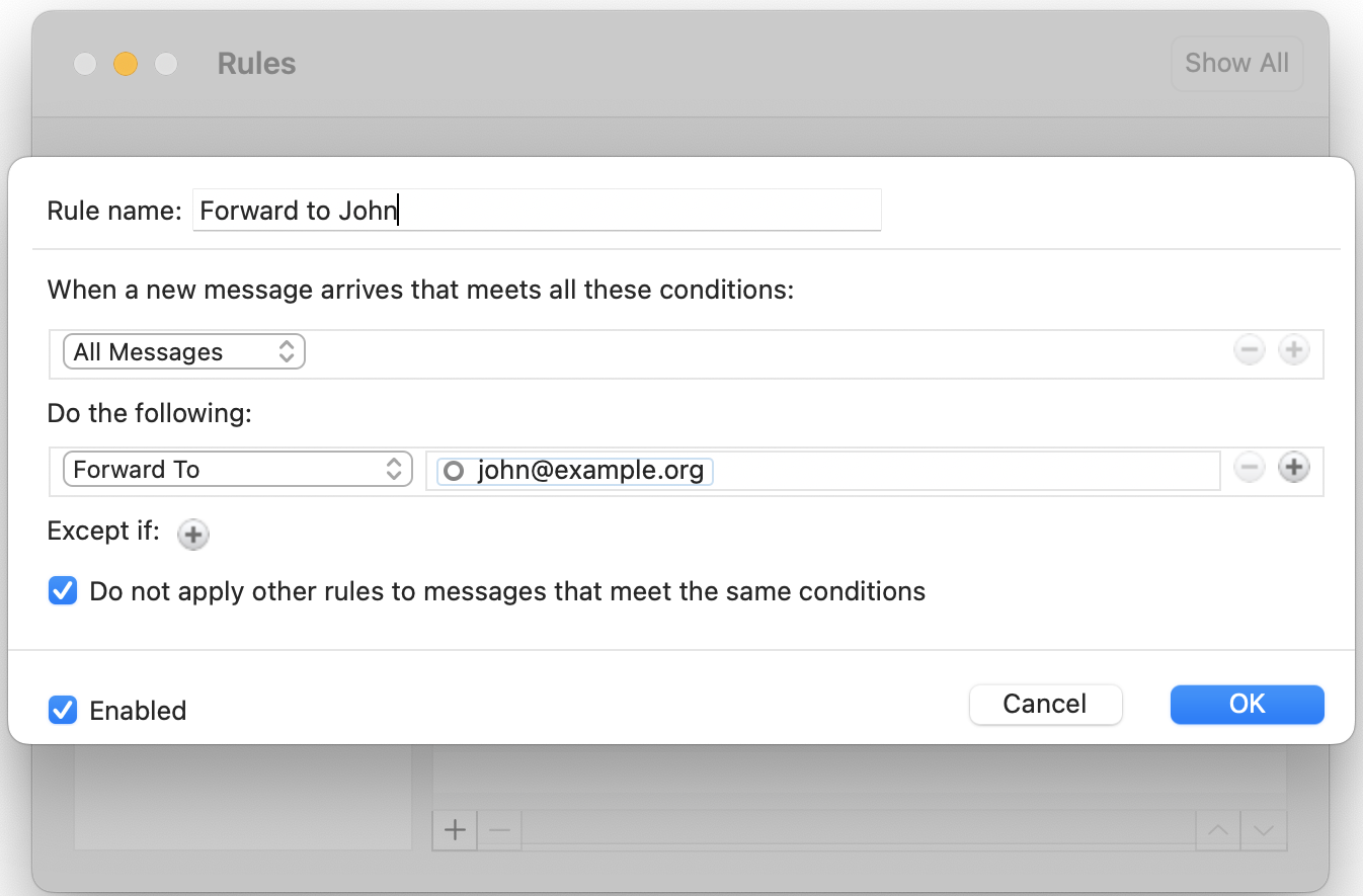 Outlook for Mac menu bar: Rules configuration window Outlook for Mac menu bar: Rules configuration window
