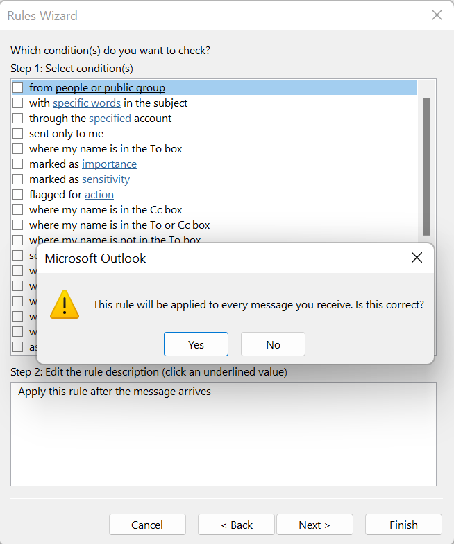 Outlook 365: Rules Wizard – Confirmation of conditions for inbox rules Outlook 365: Rules Wizard – Confirmation of conditions for inbox rules