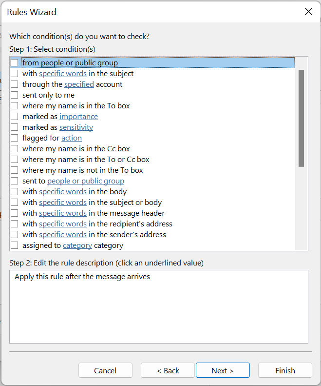 Outlook 365: Rules Wizard – Conditions for inbox rules Outlook 365: Rules Wizard – Conditions for inbox rules