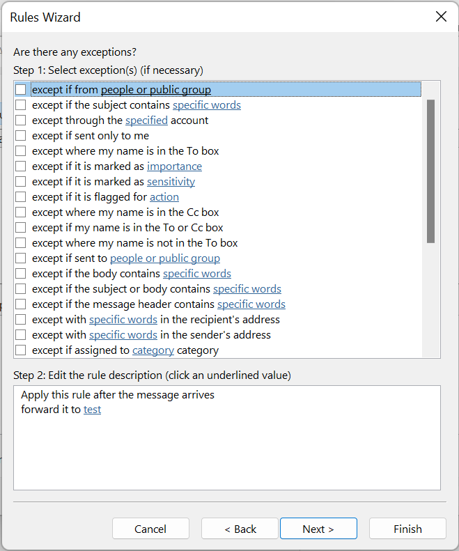 Outlook 365: Rules Wizard – Exceptions list Outlook 365: Rules Wizard – Exceptions list