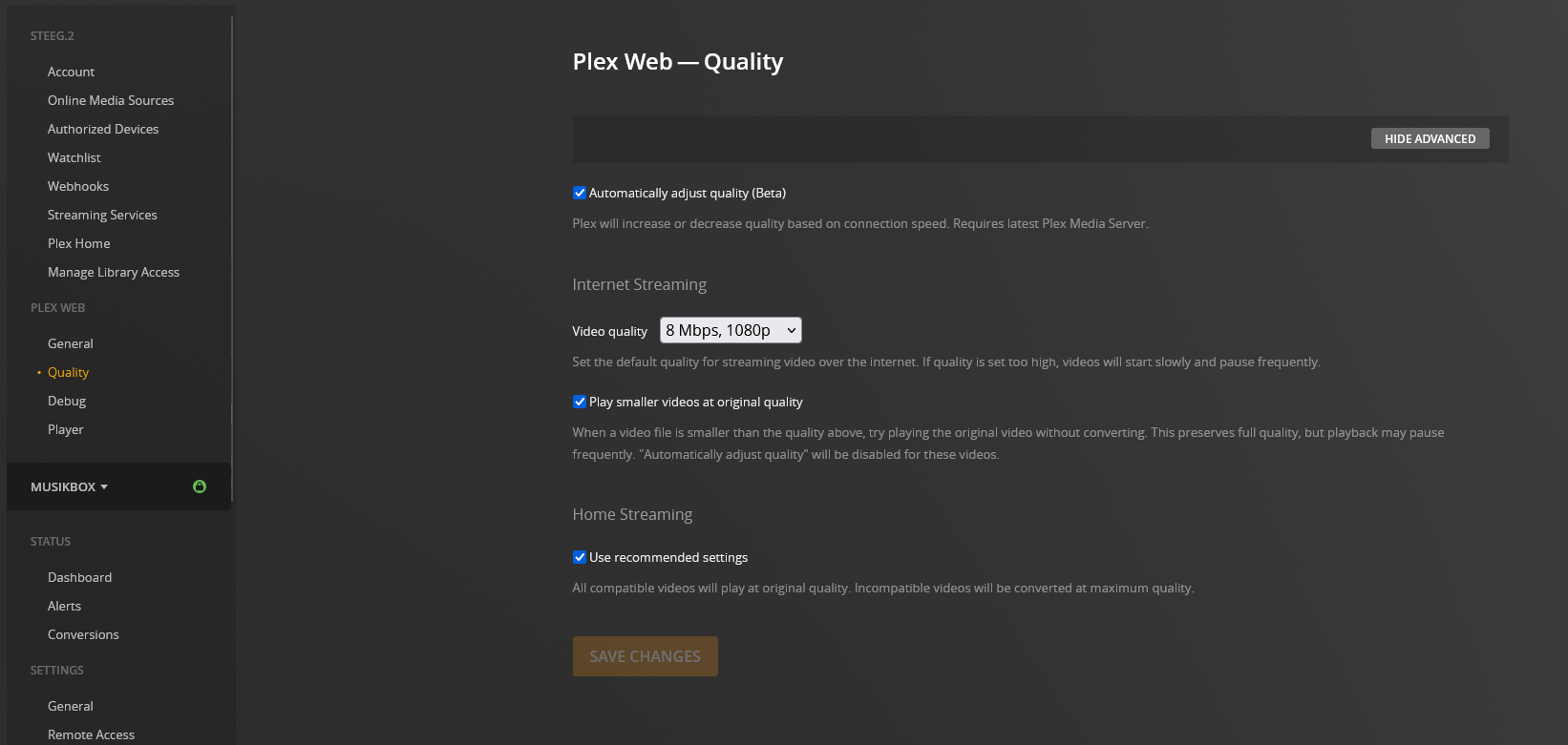 Plex web app video quality settings