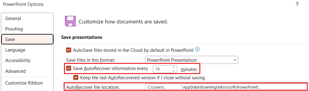 PowerPoint options: auto recovery