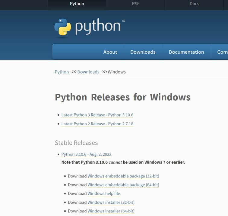 Screenshot of Python Windows download page