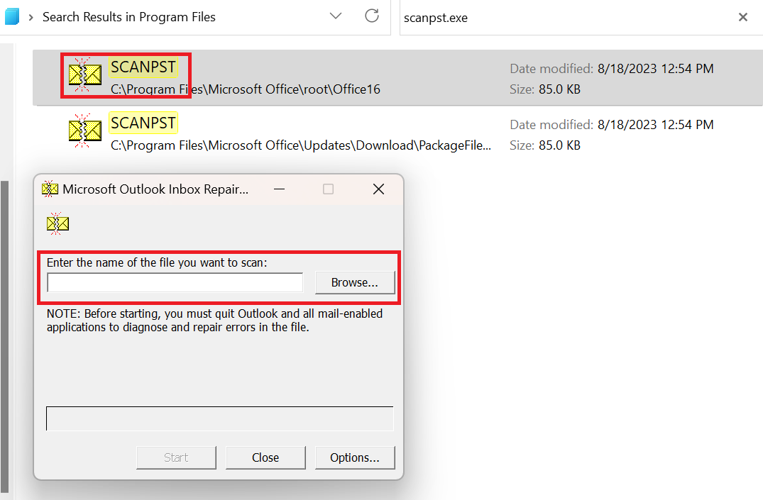 Repair Outlook PST file using scanpst.exe