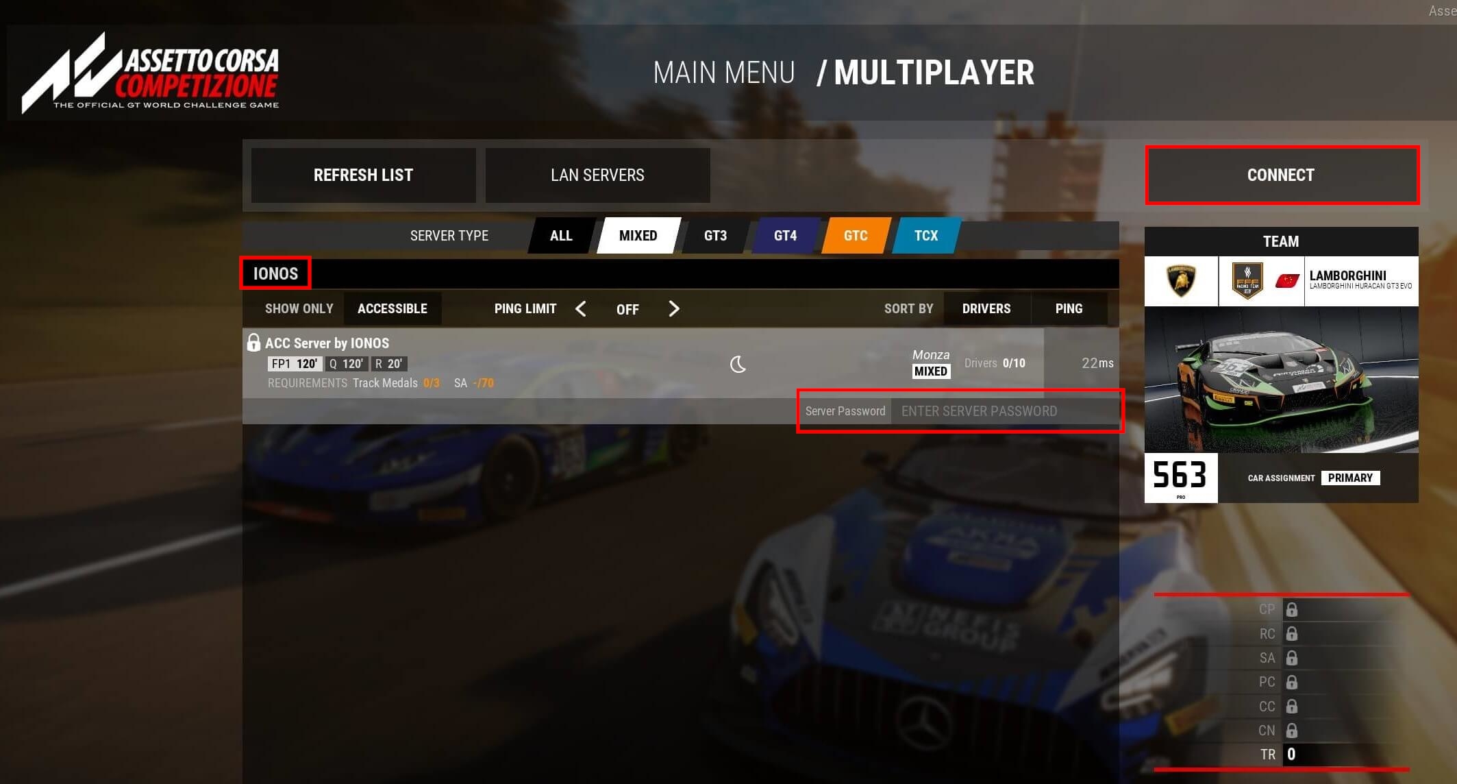 Screenshot from ACC: Multiplayer server listing