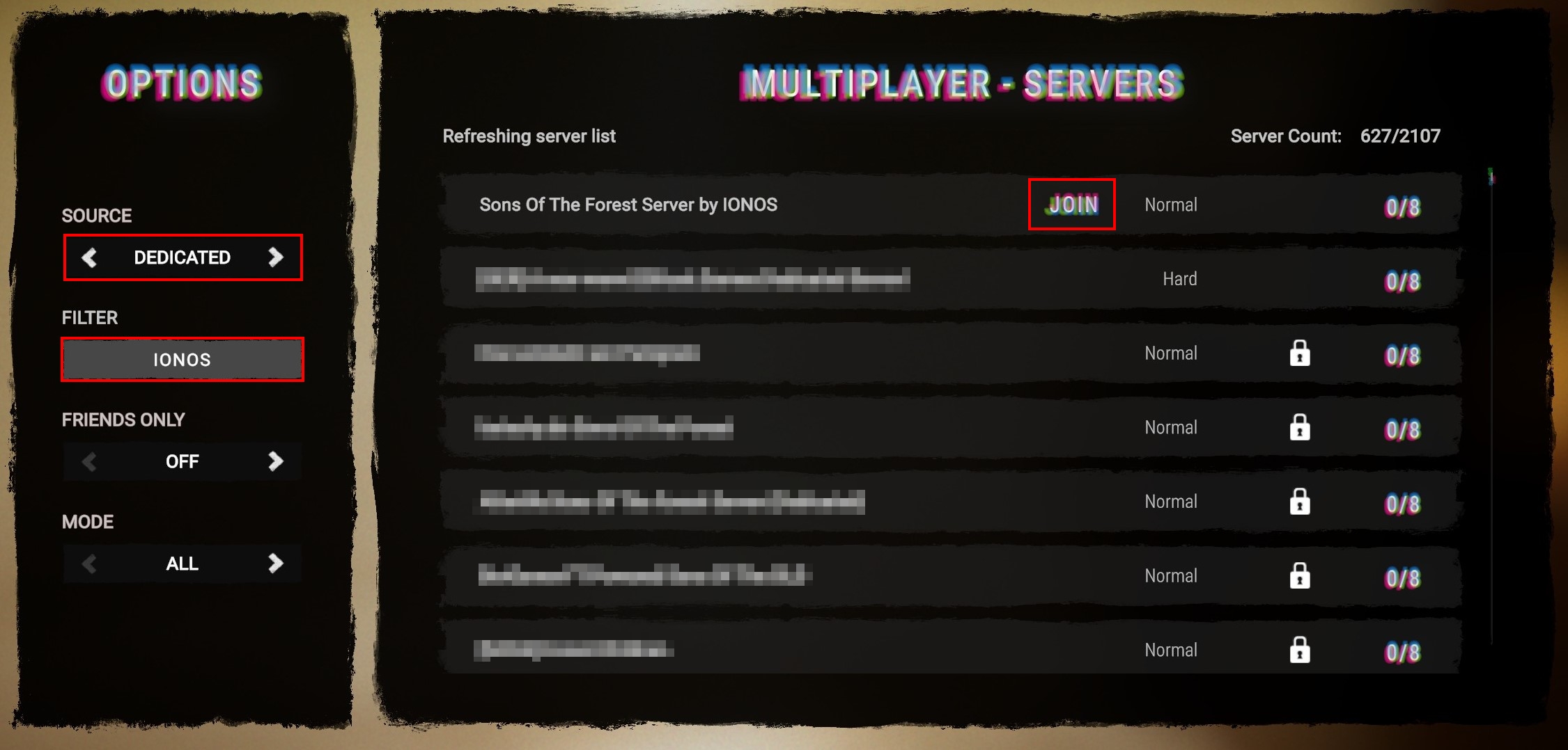 Screenshot of the SotF server menu