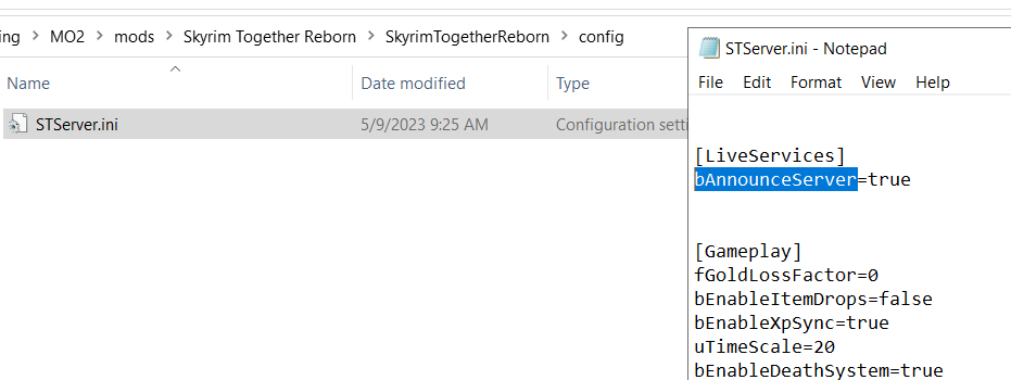 Skyrim Together server: Configuration file STServer.ini
