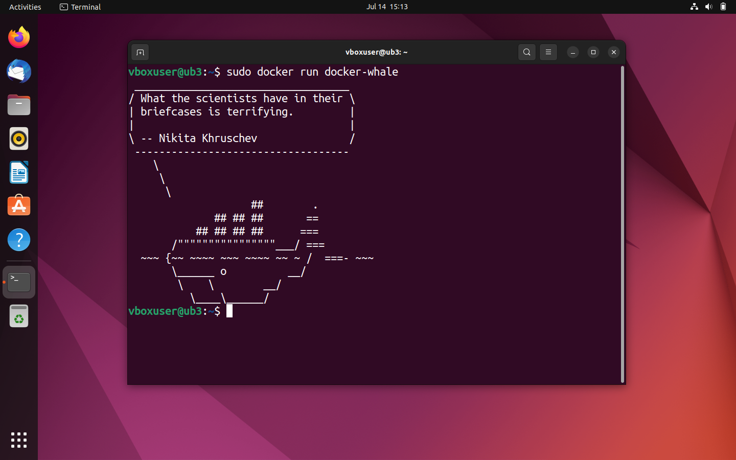 Container based on docker-whale: Text output in the terminal