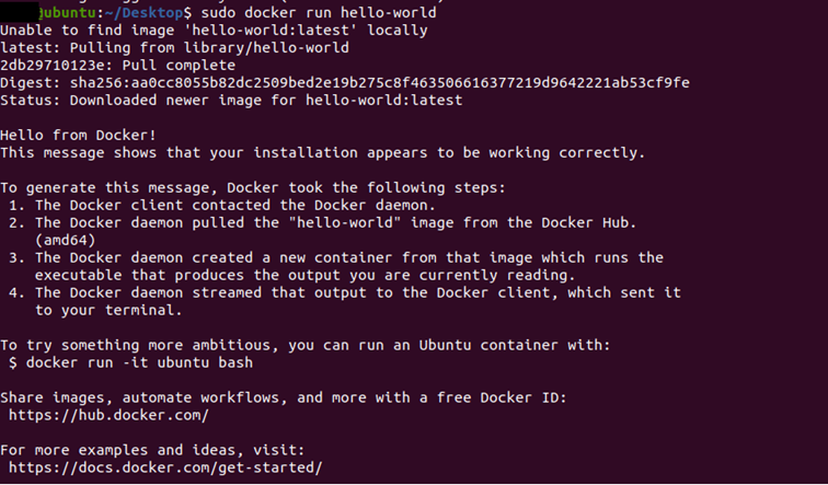 Terminal output after running “docker run hello-world”.