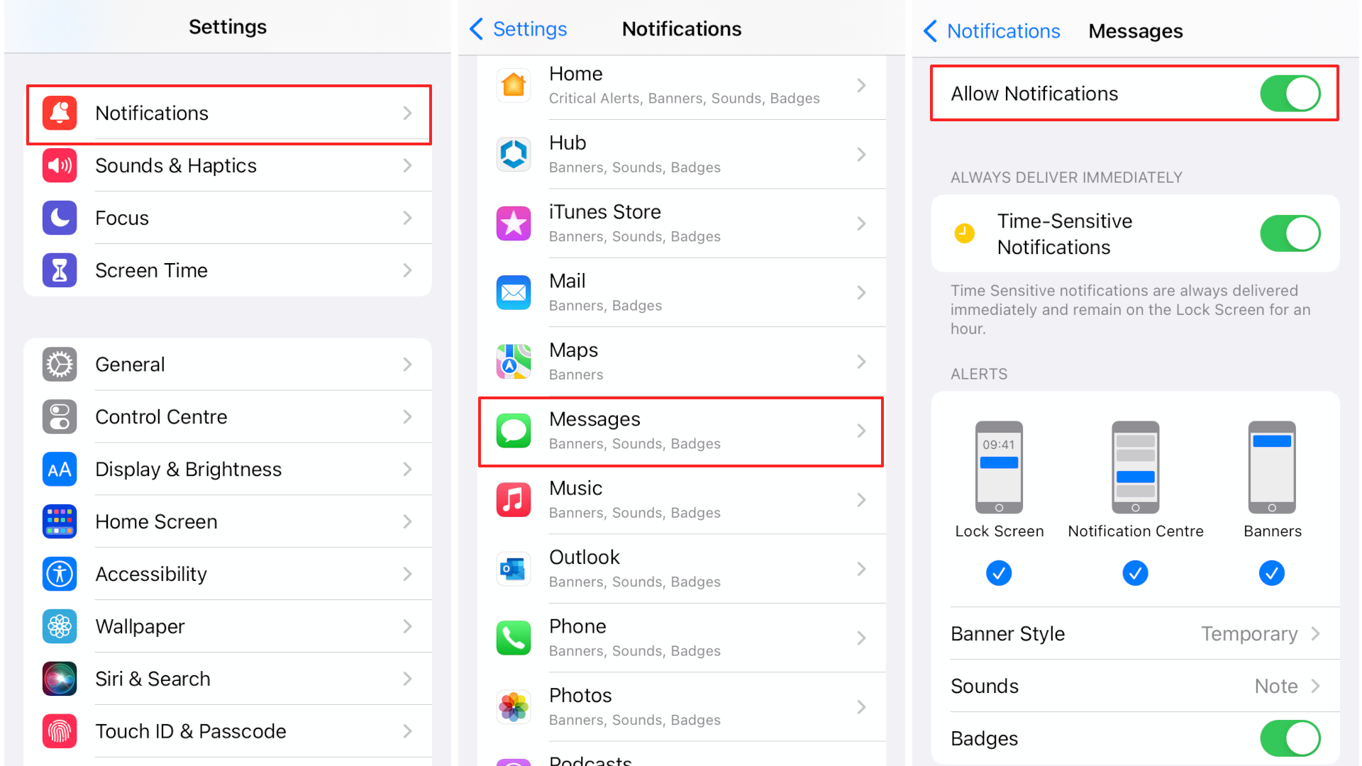 App settings for notifications on Apple device