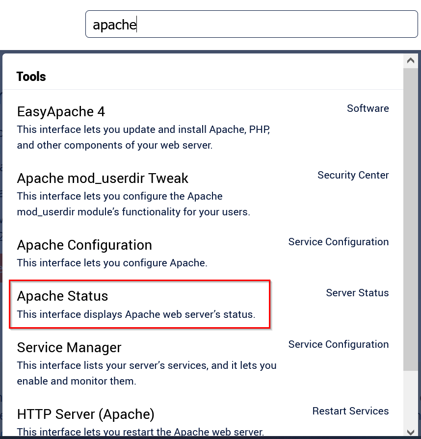 WebHost Manager: Apache search results