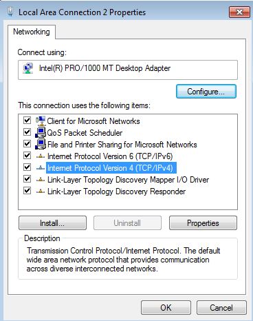 Windows 7 LAN connection: IPv4 settings in the “Properties” menu