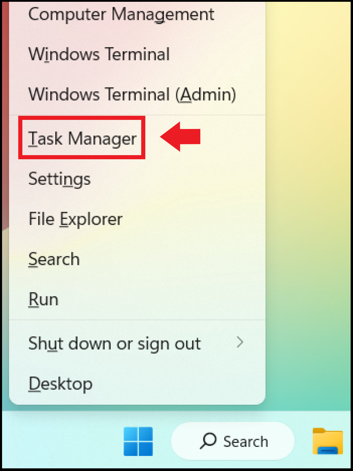 The Quick Start menu with Task Manager in the menu list