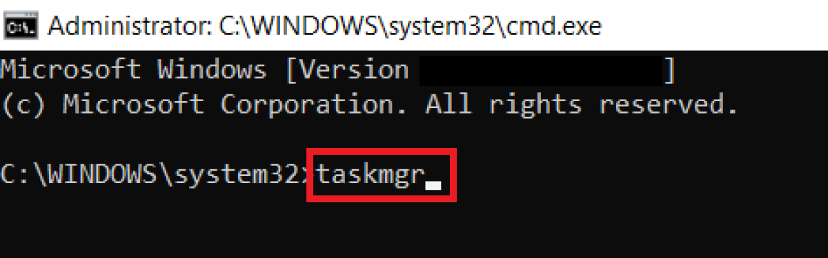 The “taskmgr” command in the Run command window