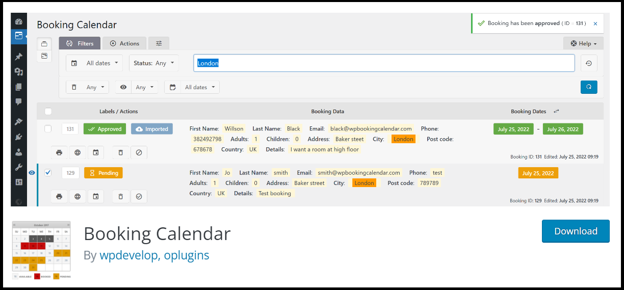 The website for the Booking Calendar WordPress website plugin