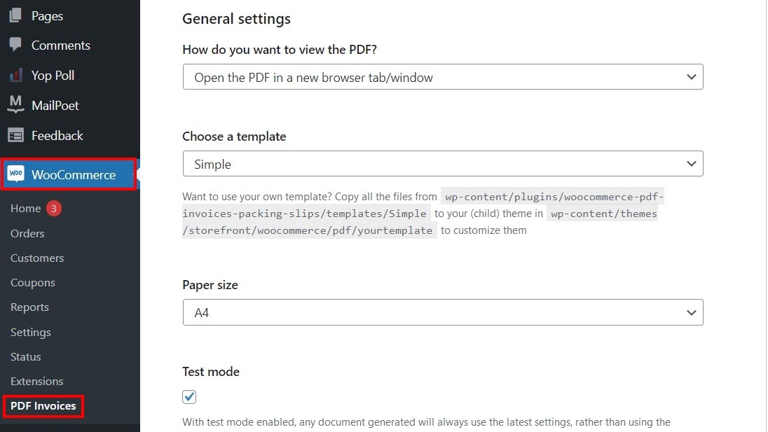 Screenshot of “General settings” in the PDF Invoices plugin