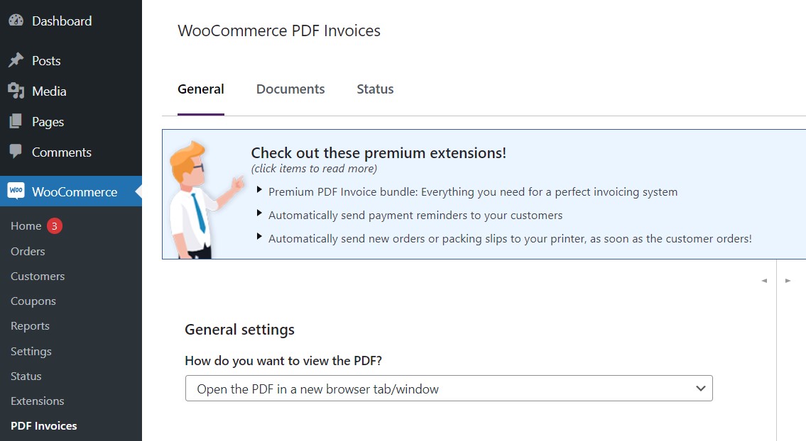 Screenshot of plugin WooCommerce PDF Invoices & Packing Slips in the WordPress backend