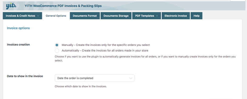 Screenshot of YITH WooCommerce PDF Invoice and Shipping List in WordPress backend