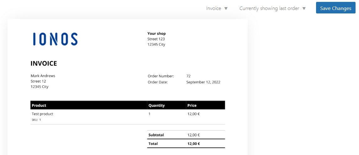 Screenshot of invoice in the WooCommerce backend