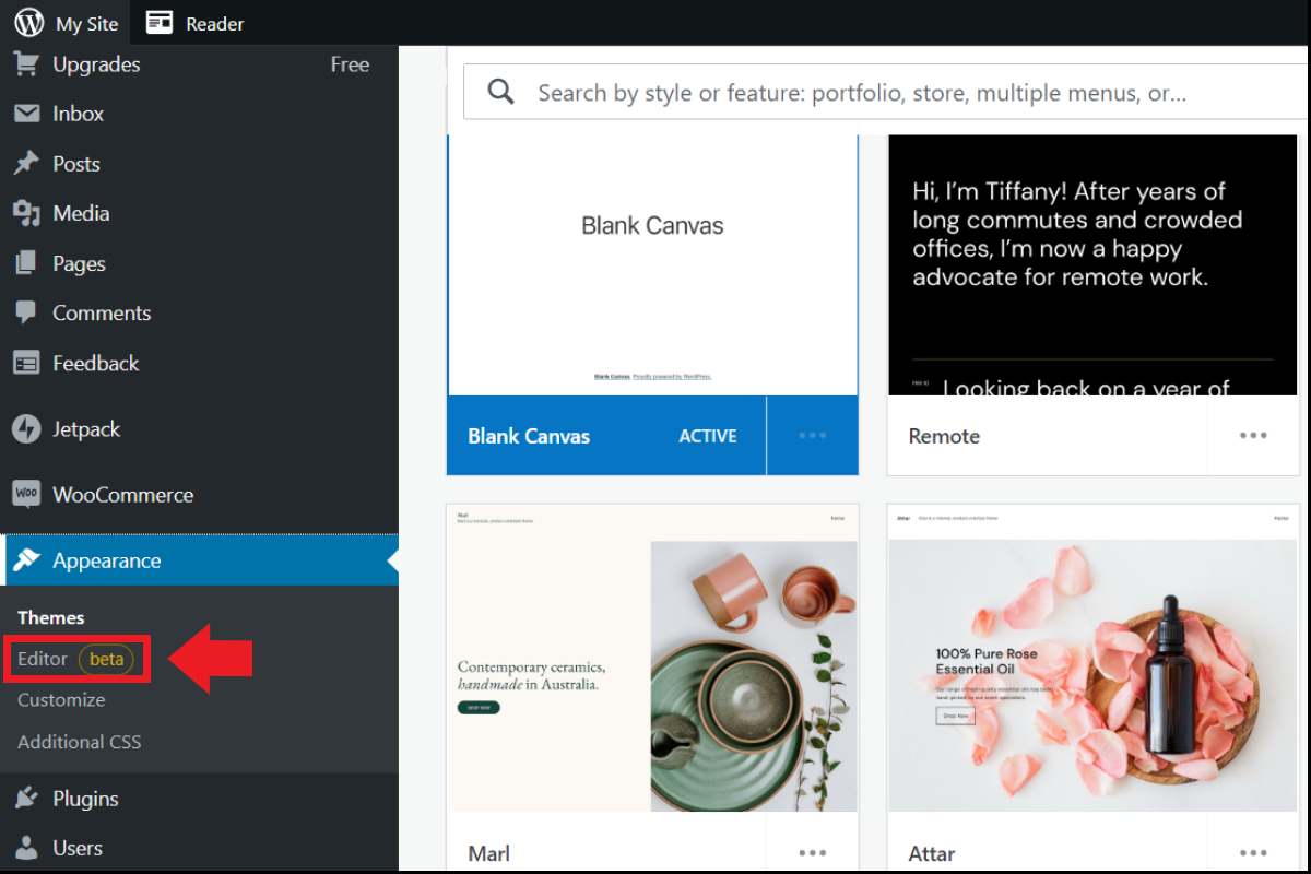 The “Editor” dashboard option under “Design” The “Editor” dashboard option under “Design”