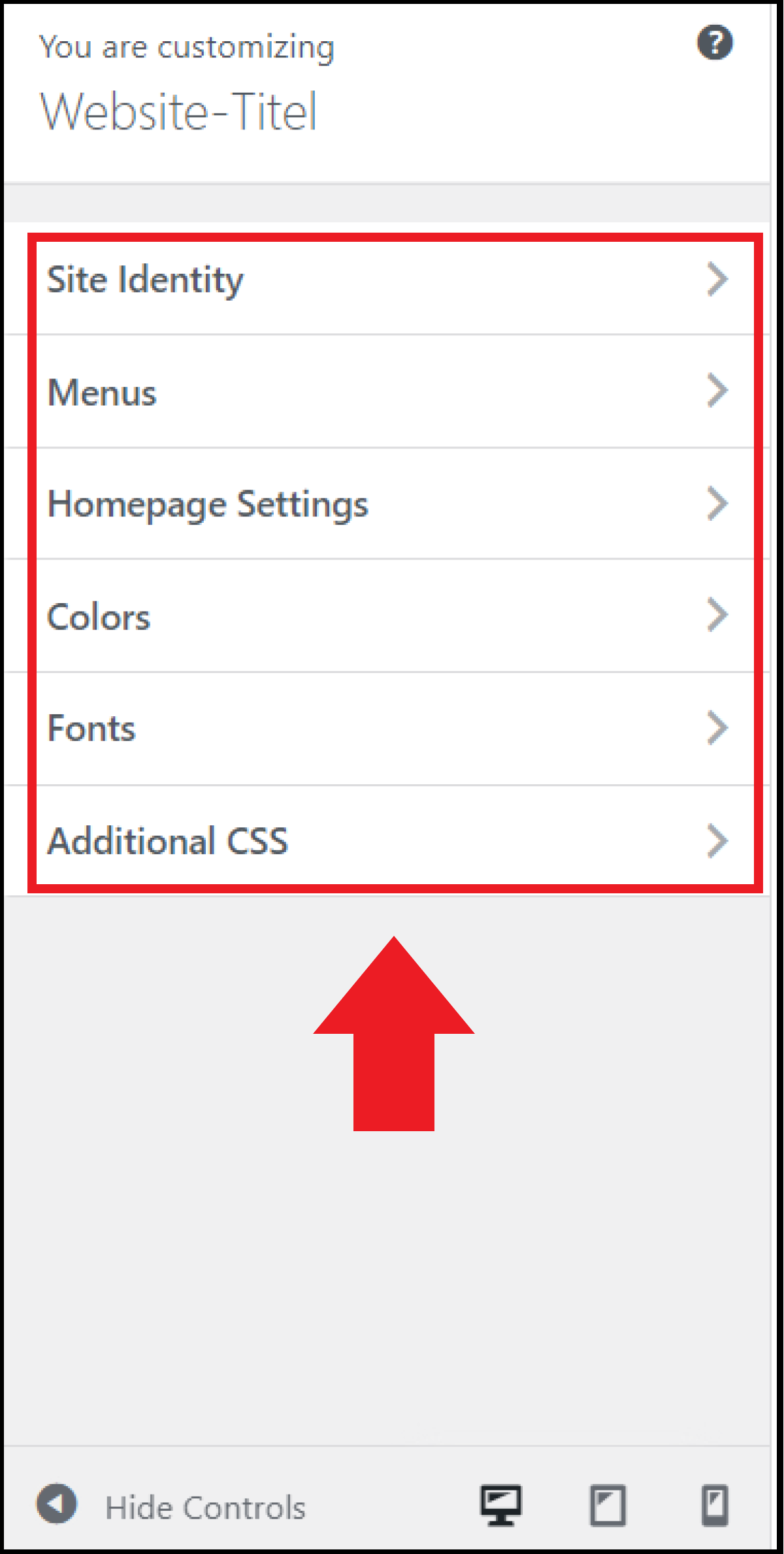 The configurations of the “Customize” menu The configurations of the “Customize” menu