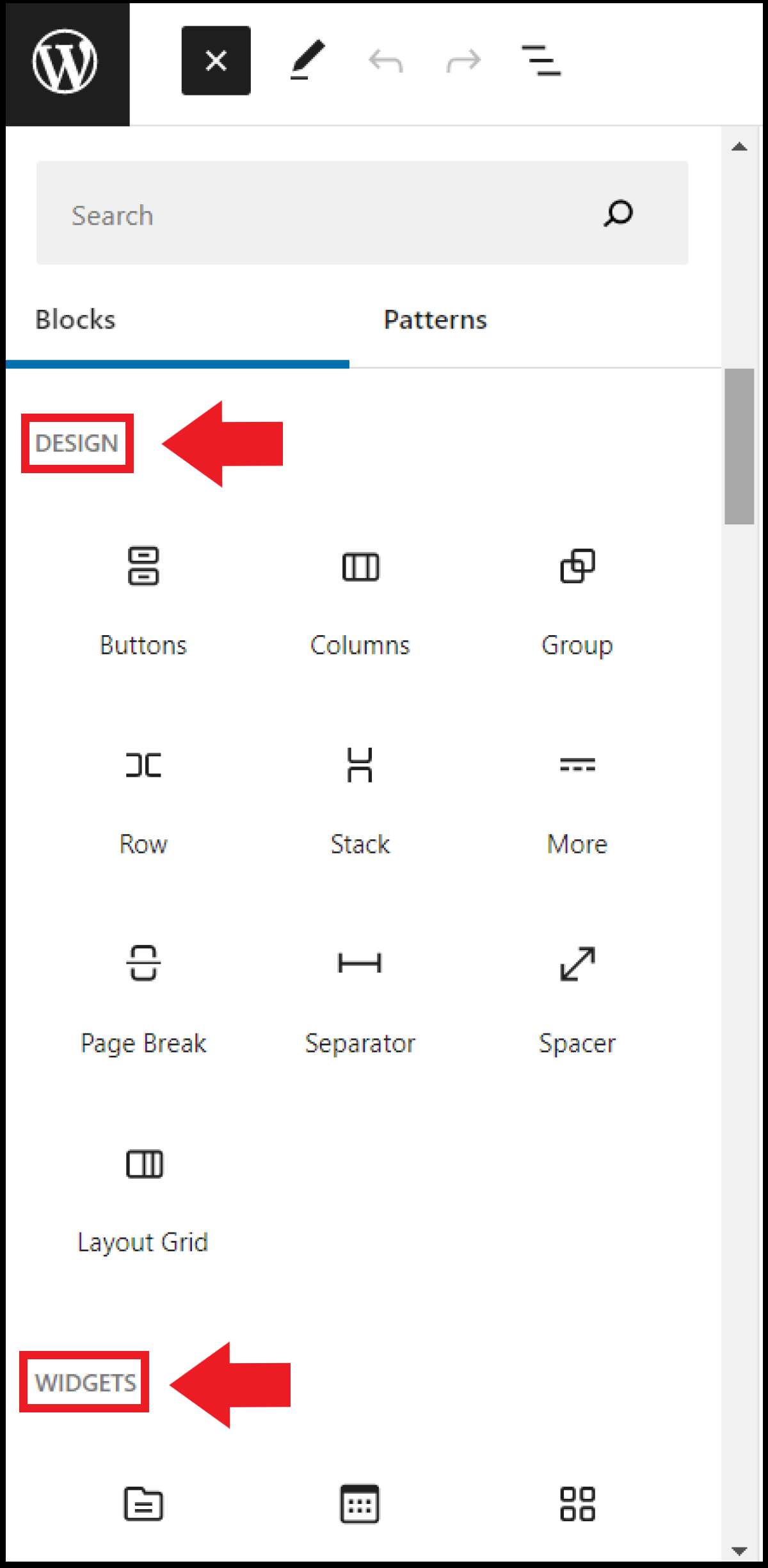 The “Design” and “Widgets” sections in the editor menu