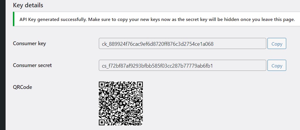 Screenshot of WooCommerce API keys
